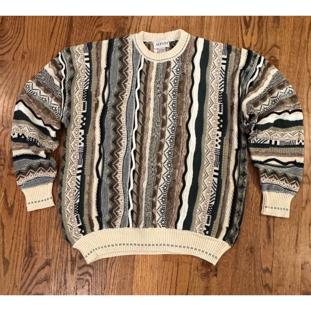 Alfani Mens Vintage 3D‎ Textured Knit Sweater Earth Tone Geometric Large Italy